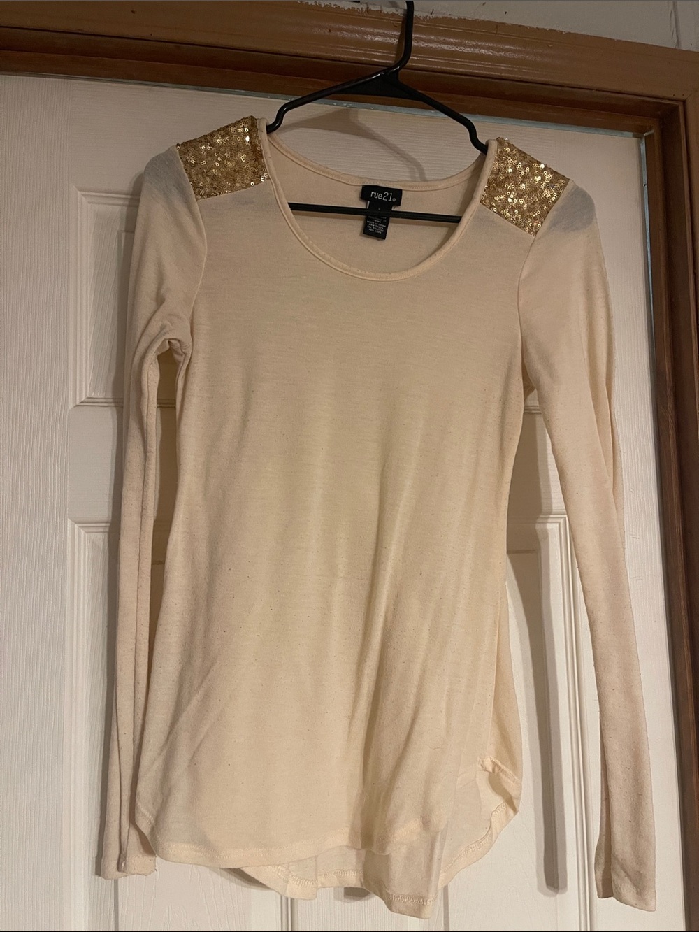 Rue21 Cream Long Sleeve Top with Gold Sequin Shoulders